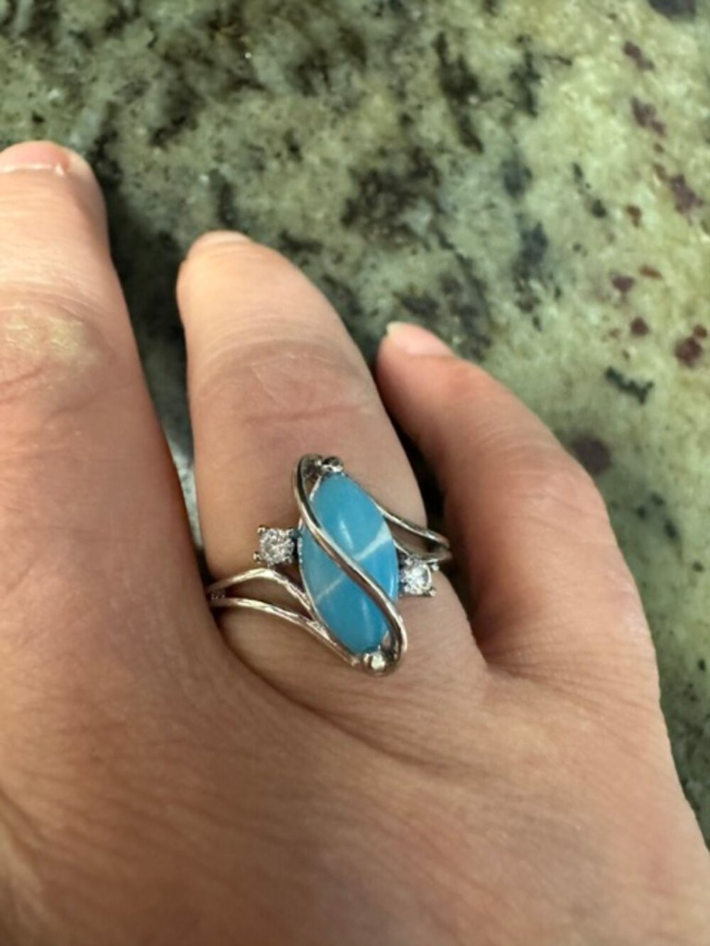 Vintage Themed White Gold Filled Larimar-Inspired Ring w/AAA CZ Stones Size 8